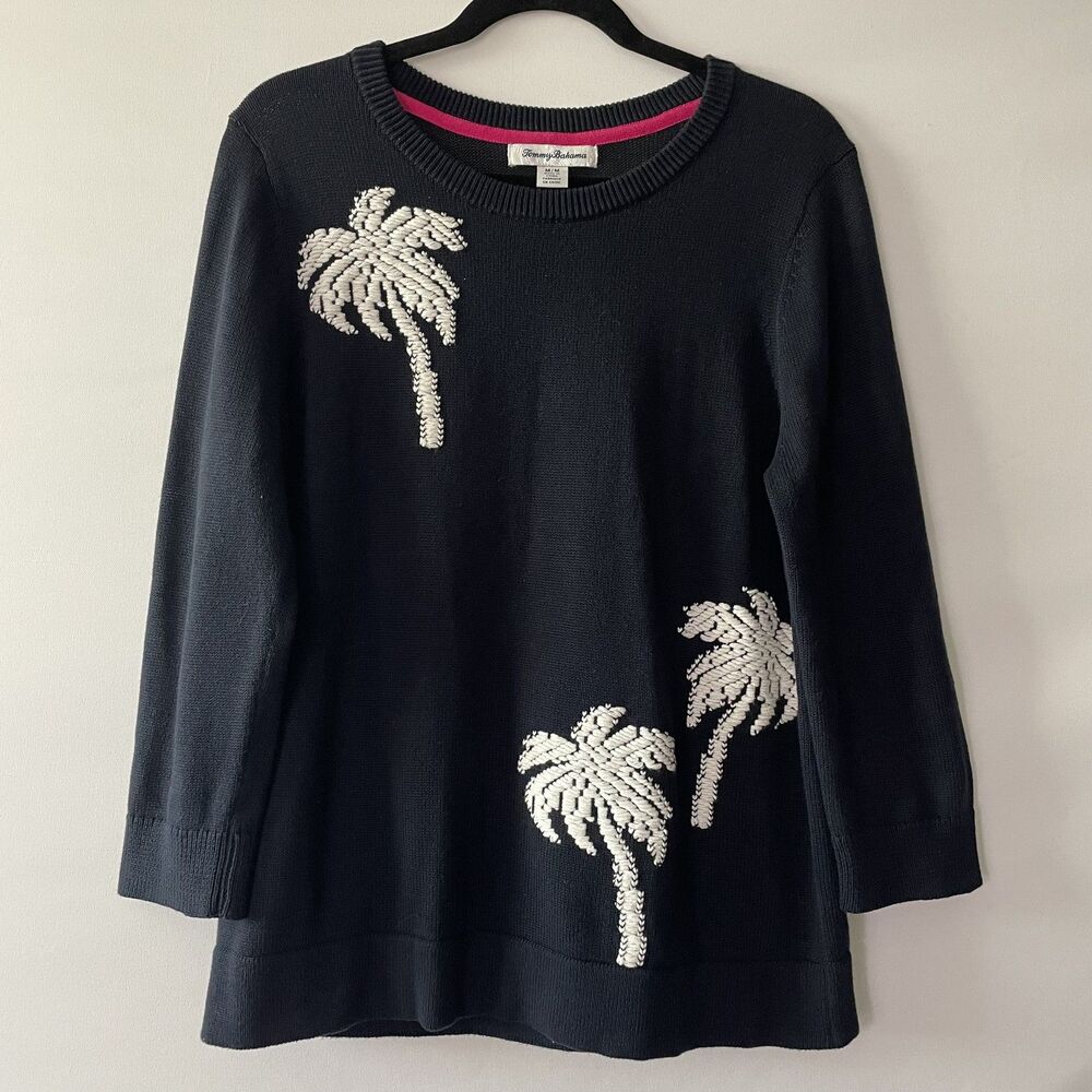 Tommy Bahama Sweater Tunic Palm Tree Long Sleeve Dark Navy Knit Size M-(dmp)